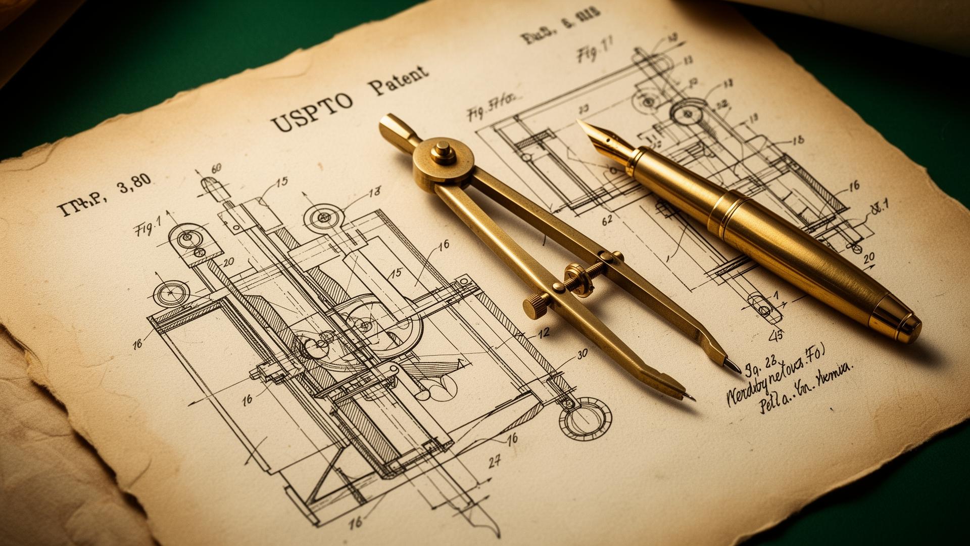 A vintage USPTO patent drawing with brass drafting compass and fountain pen — the craft of patent filing taught at Patent Prep